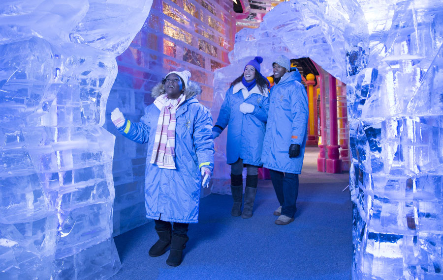 young people in parkas walking through archway of carved ice at gaylord palms