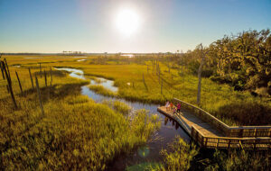 aerial of family on boardwalk viewing marsh with river and low sun jacksonville parks