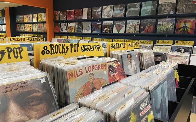 aisles of used records at radio active records fort lauderdale