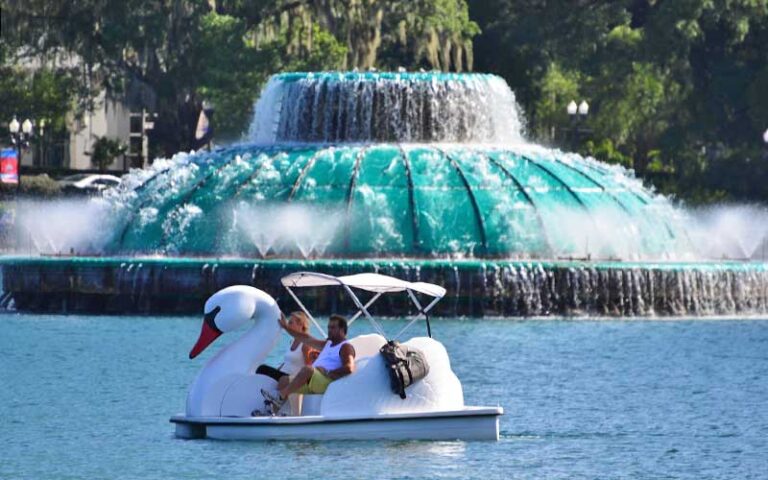 fountain with swan pedal boat in front at lake eola park orlando