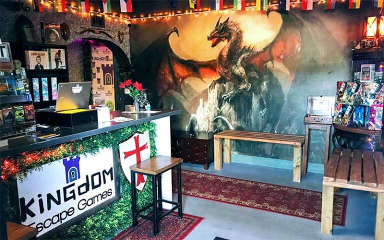front desk area with dragon mural at kingdom escape games key largo