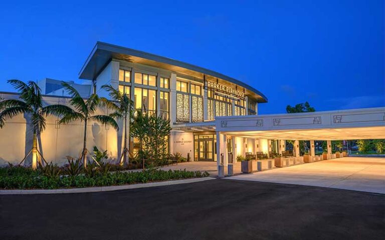 front exterior of theater with lighting and clear night sky at the parker fort lauderdale