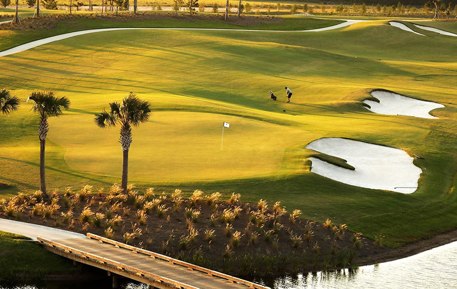 golfer on course with palm trees bridge and sand traps lakewood national golf club piper course sarasota