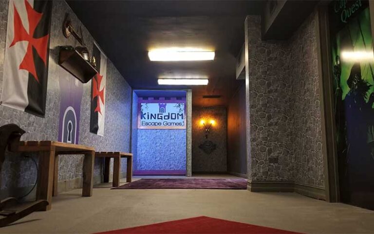 hallway with castle decor and escape rooms at kingdom escape games key largo