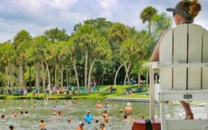 lifeguard seated in tower watching crowded swimming hole at warm mineral springs park north port sarasota