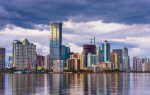long exposure miami across biscayne bay with storm clouds