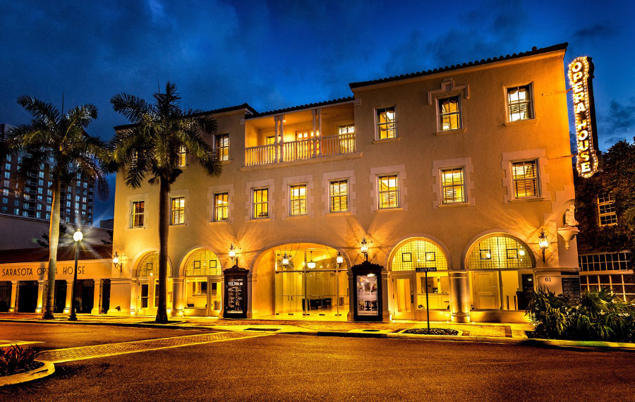 night view exterior with long exposure lighting street view sarasota opera house