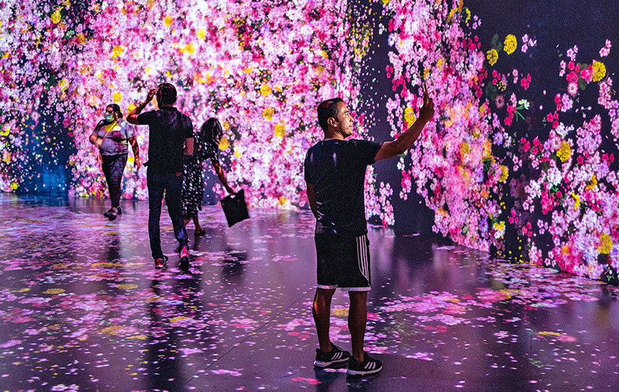 people walking through flowery lighting exhibit superblue miami