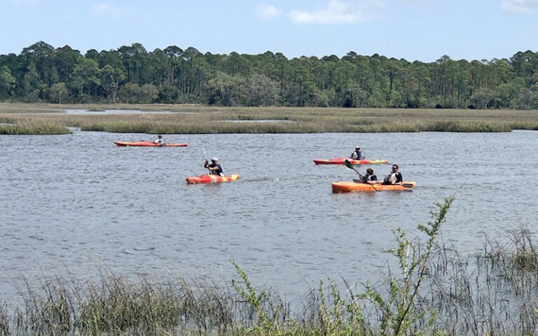 several orange kayaks on inlet with trees at betz tiger point preserve jacksonvile