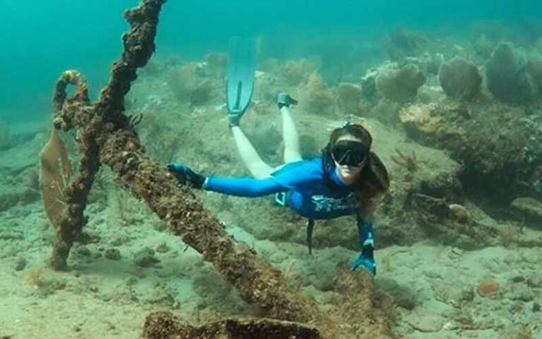 snorkeling woman with coral encrusted anchor at sunrise paddleboards fort lauderdale