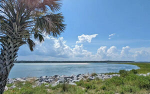 view of bay with rock jetty and palms at huguenot memorial park jacksonville