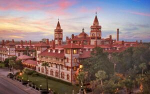 aerial view of campus with streets trees and spires at historic tours of flagler college st augustine