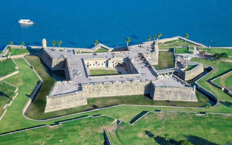 aerial view of fort with bay and green surrounding at castillo de san marcos st augustine
