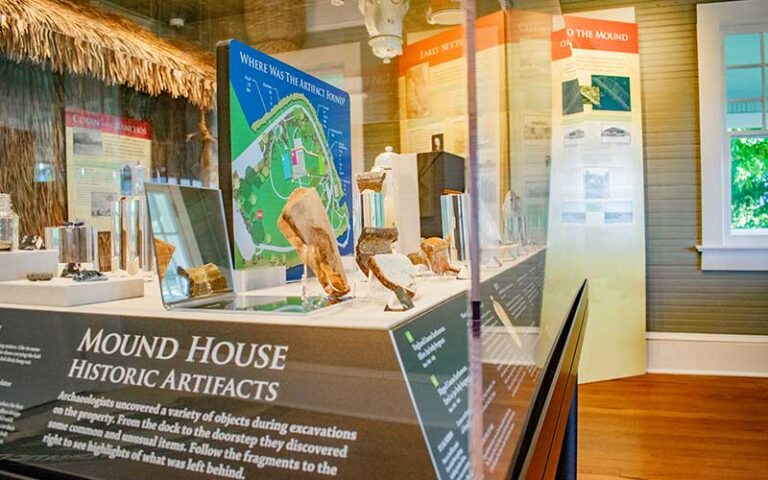 artifact exhibits in glass cases at mound house at fort myers beach