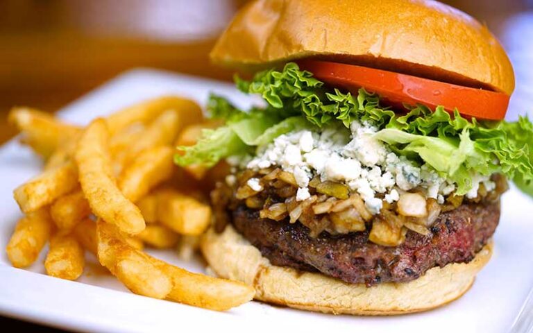 bleu cheese burger plate with fries at sunset grille st augustine beach