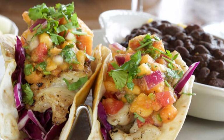 colorful fish tacos with black beans entree at doc fords rum bar and grille fort myers beach