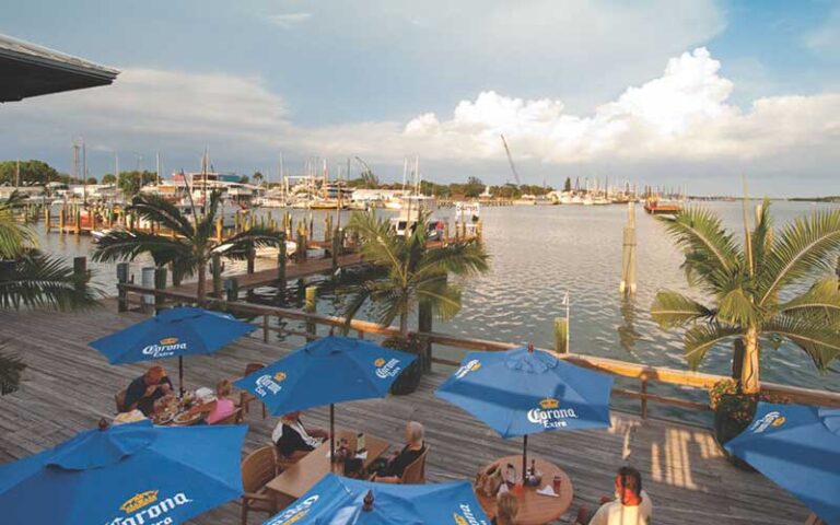 docks outdoor seating with blue umbrellas and marina view at doc fords rum bar and grille fort myers beach