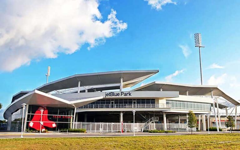 front exterior arena stadium with red sox logo at jetblue park fort myers