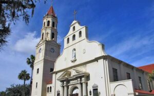 front exterior daytime with tower and facade at cathedral basilica of st augustine