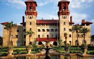 front exterior of historic hotel museum with fountain at lightner museum st augustine
