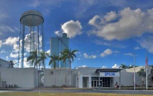 front exterior of museum with silos and water tower at imag history and science center fort myers