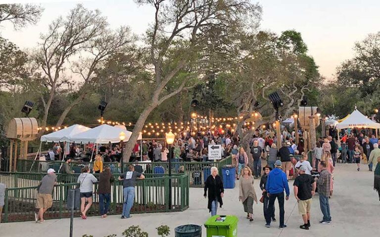 outdoor pavilion with fairy lights trees booths and crowd at st augustine amphitheatre farmers market