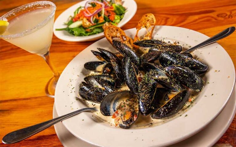 platter of sauted mussels with margarita and salad at the standard restaurant fort myers