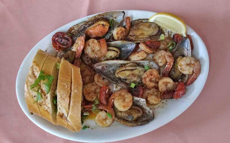 seafood entree with mussels and shrimp at gaufres and goods st augustine