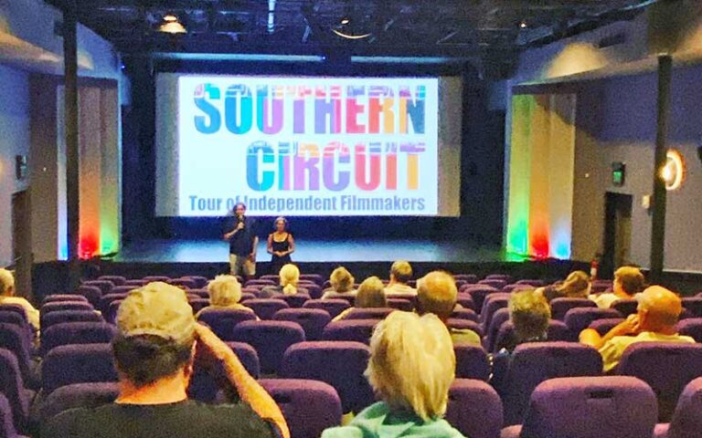 theater with speaker and purple seats at tropic cinema key west