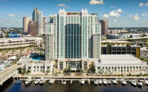 aerial exterior high rise with bridge and marina at tampa marriott water street