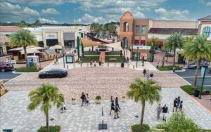 aerial of plaza with valet drop off and stores at the shops at wiregrass tampa