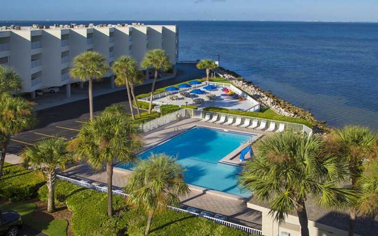 aerial view of hotel pool and beach at sailport waterfront suites tampa