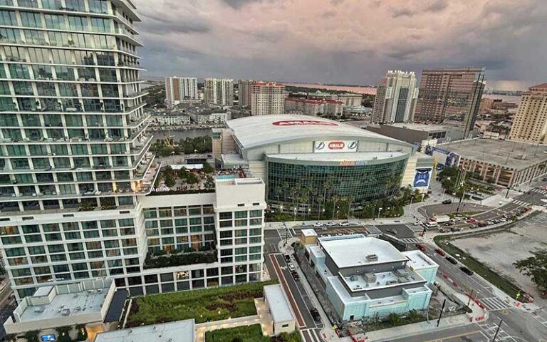 aerial view of stadium with skyline at amalie arena tampa