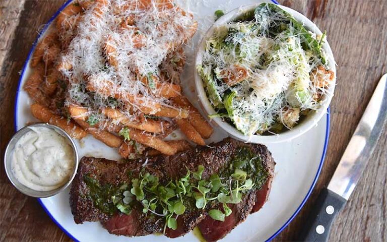 beef entree with fries salad and sauce at noble crust tampa