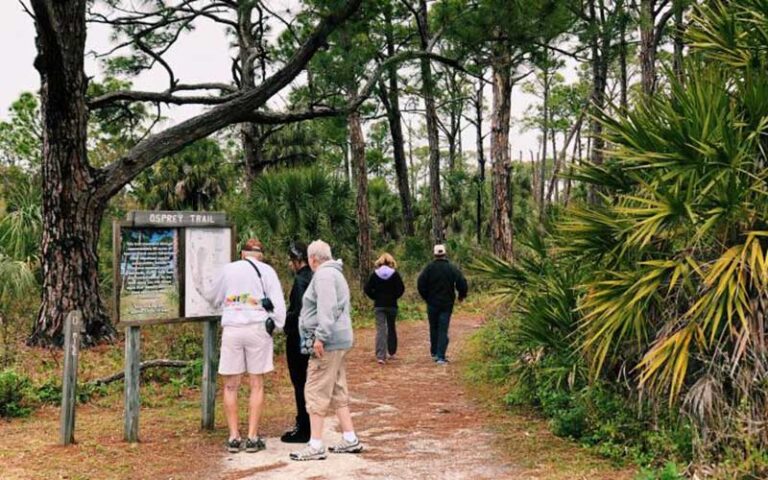 group of hikers at trailhead looking at map at honeymoon island state park dunedin