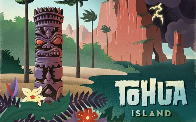 illustration with tiki island theme at escape room adventures fort myers