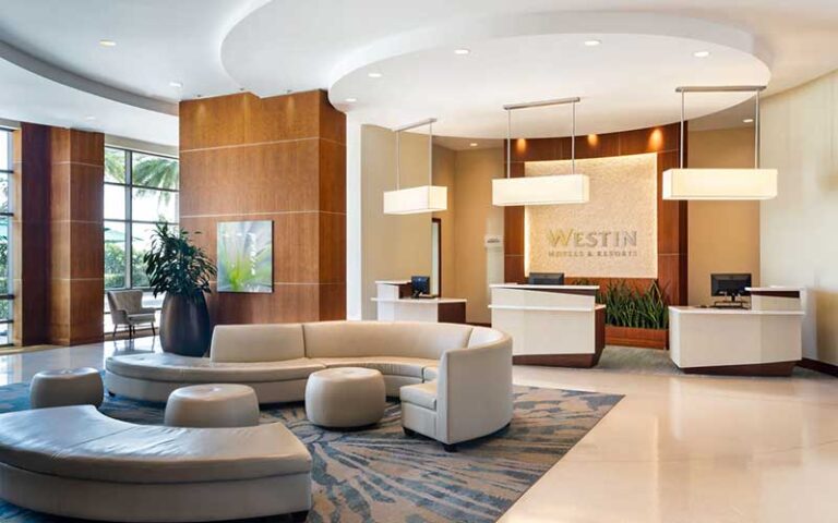 lobby with front desk and cathedral ceiling at the westin tampa bay