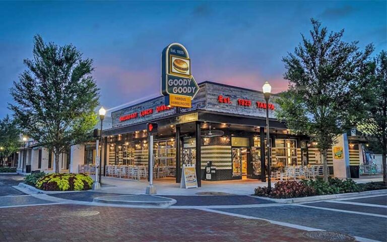 night exterior from street of lighted diner at goody goody burgers tampa