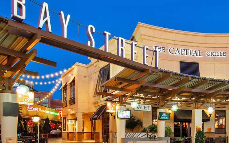 night exterior of bay street entrance to mall at international plaza and bay street tampa