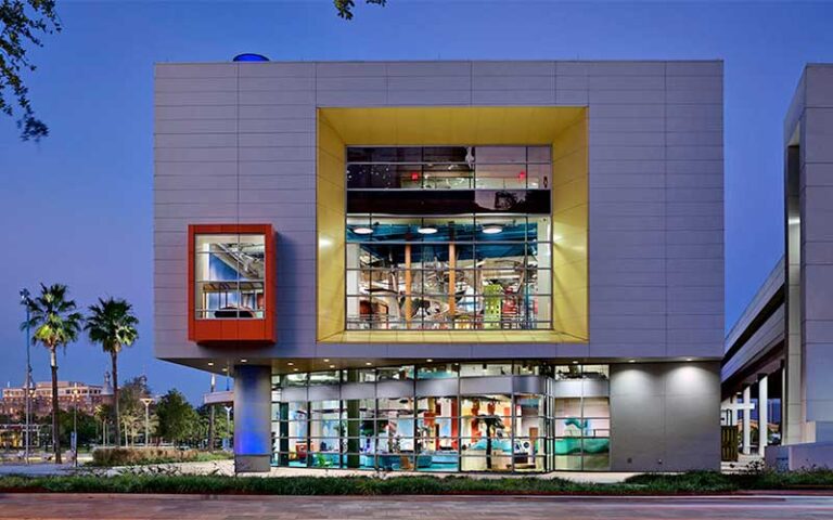 night view of exterior with lighted windows at glazer childrens museum tampa