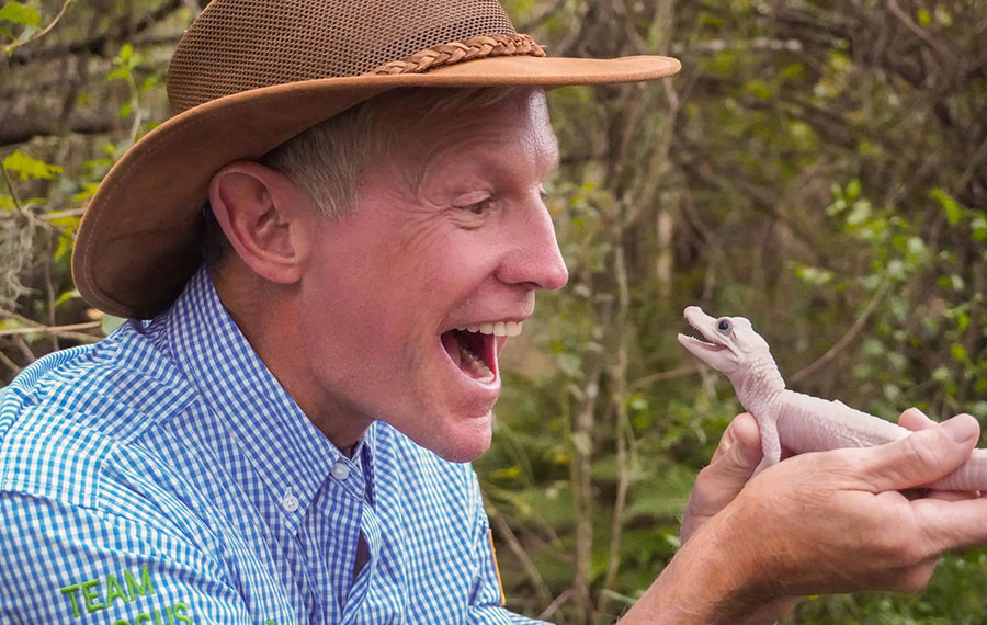 owner mark mchugh holding white baby alligator at gatorland orlando