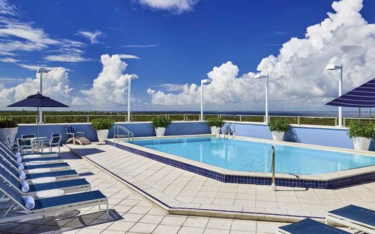 rooftop pool with blue lounge chairs and bay view at the westshore grand tampa