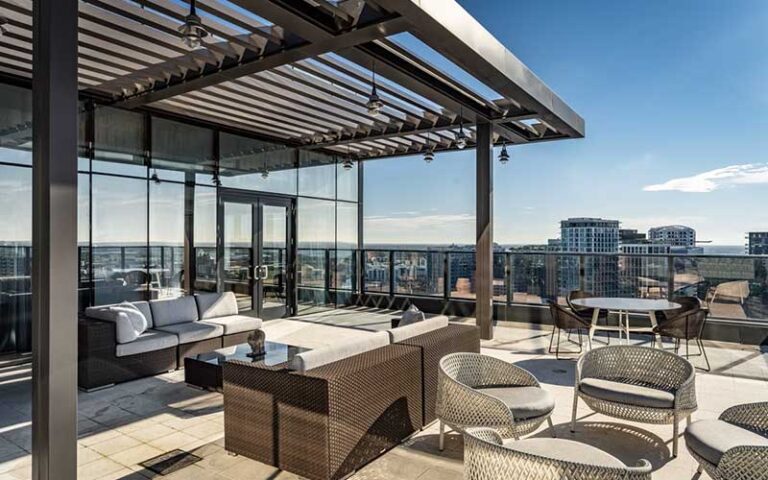 rooftop terrace seating area with skyline view at jw marriott tampa water street