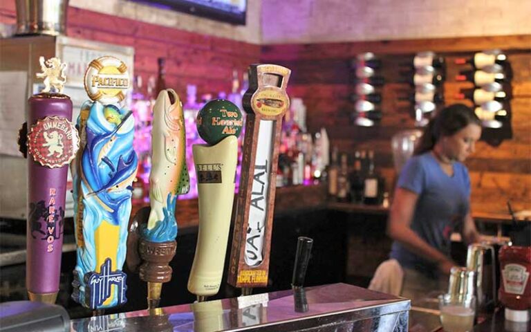 row of craft beer taps along bar with waitress in background at green lemon tampa