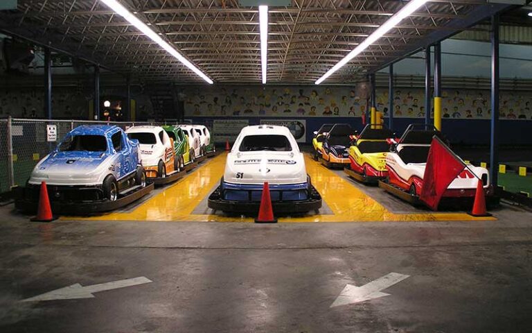 rows of go karts with nascar themed shells at livingstones amusements sarasota