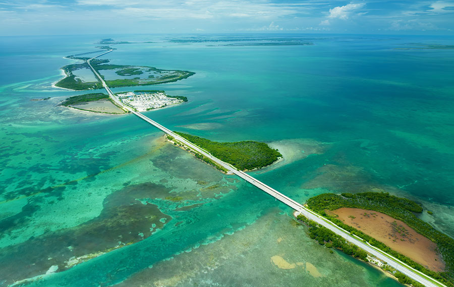 aerial view with clear water bridge and beaches of lower florida keys