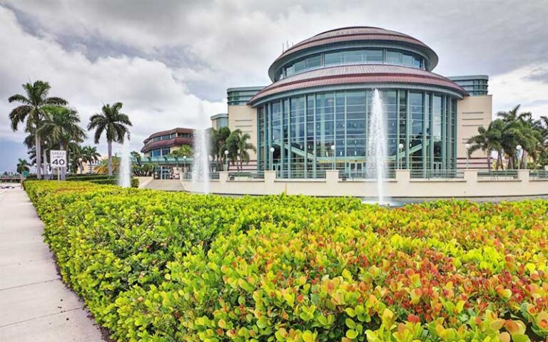 daytime exterior with hedges atrium and fountains at kravis center for the performing arts west palm beach