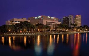 night exterior view from river with long exposure at straz center for the performing arts tampa
