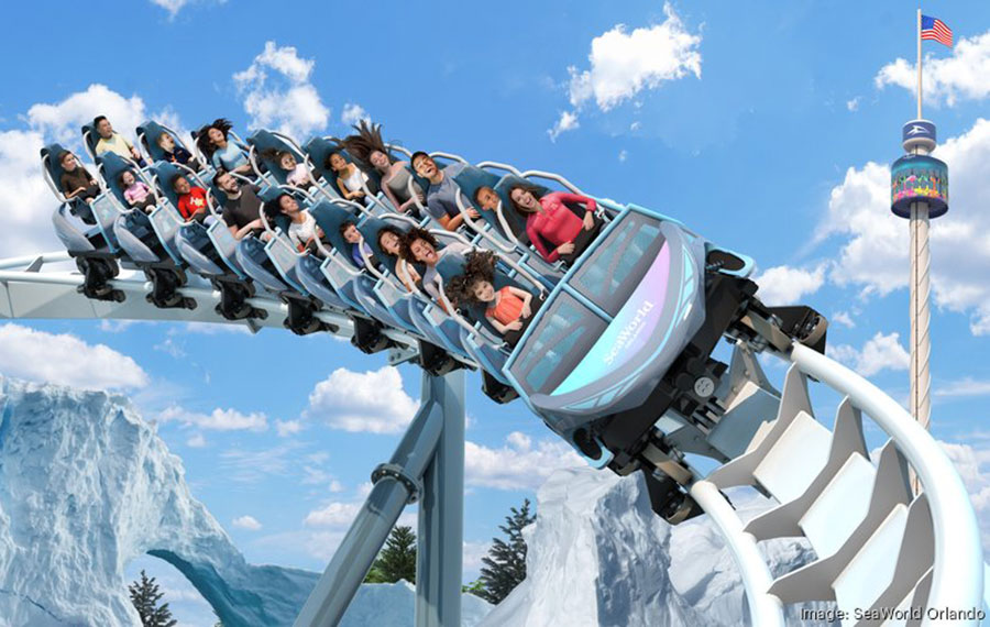 penguin trek artist rendering group of riders on snowmobile ride cars roller coaster with tower and flag at seaworld orlando