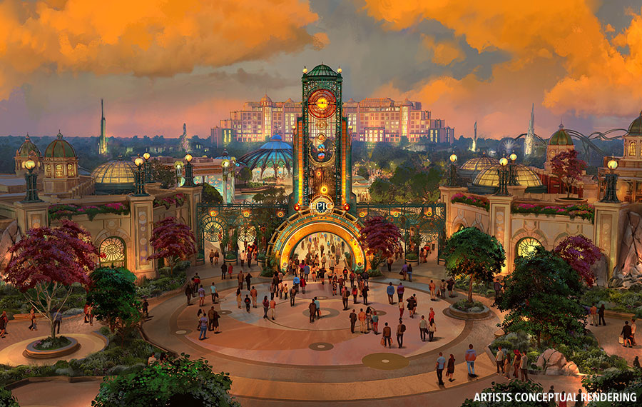 rendering illustration of concept front gate of epic universe park orlando
